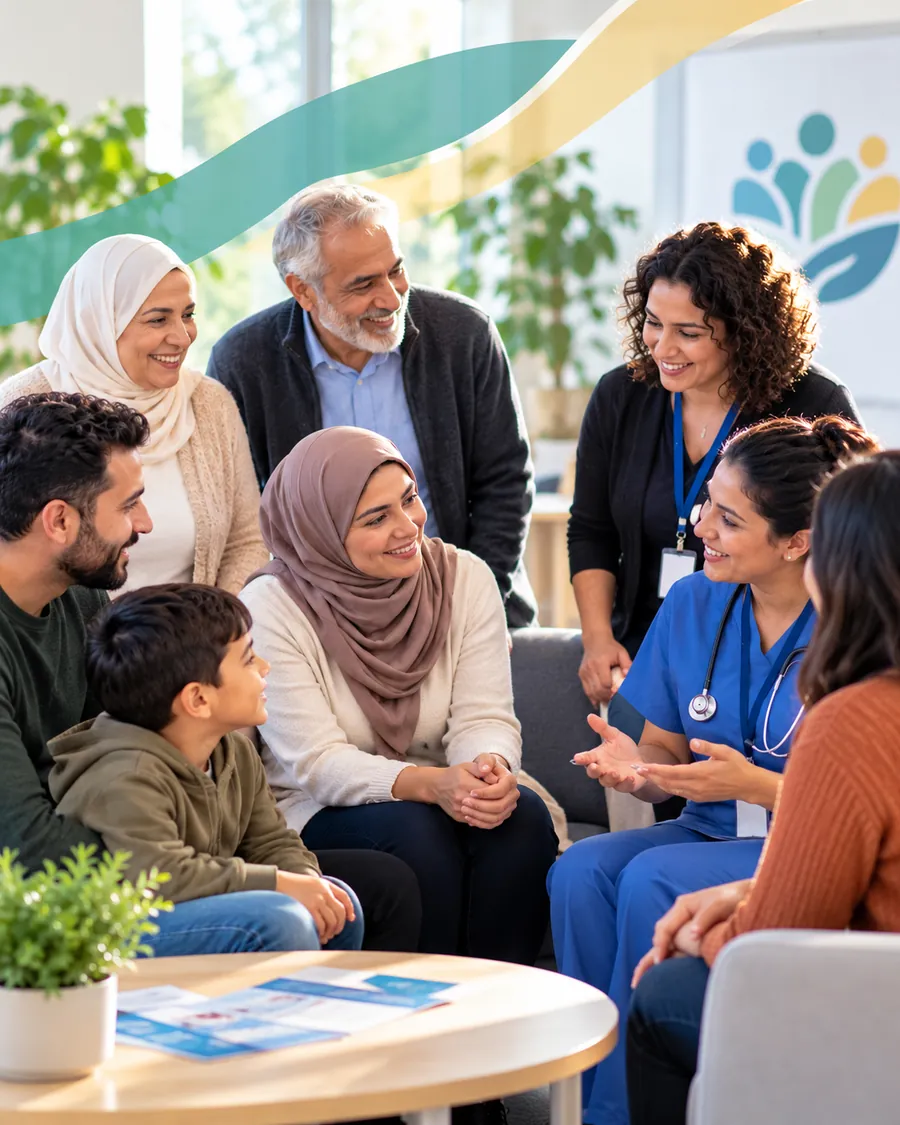 Families, older adults and Unity staff talking together in a community space