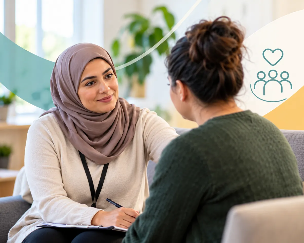 A Unity navigator listening to a client in a calm, welcoming room