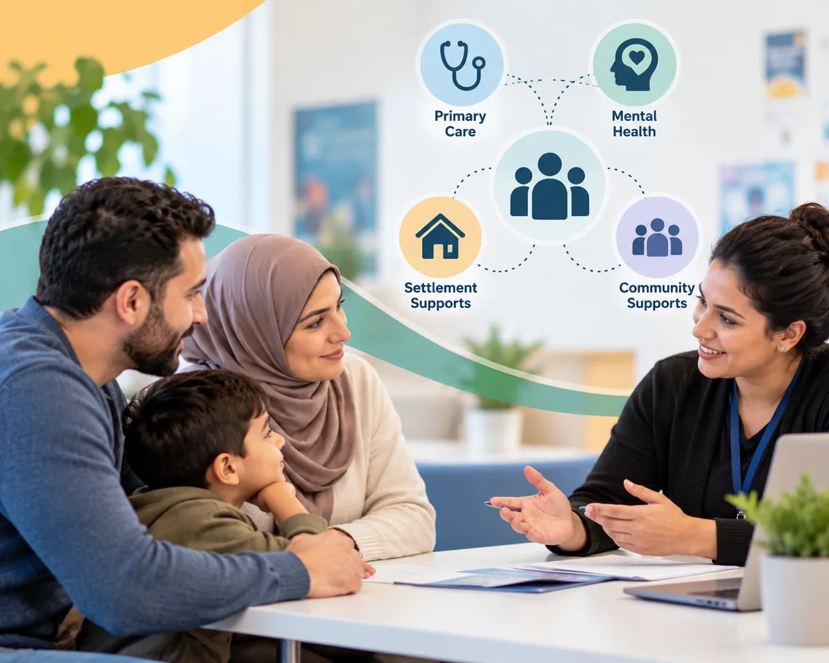 A navigator connecting a newcomer family to primary care, mental health, settlement and community supports