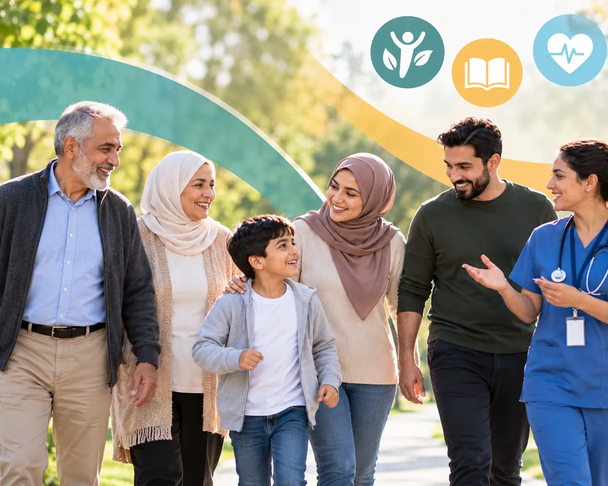 A multigenerational family walking outdoors with a nurse